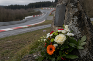 Close-up of flowers placed beside a memorial marker at Spa-Francorchamps, subtle racing elements in the background, respectful composition, natural documentary lighting