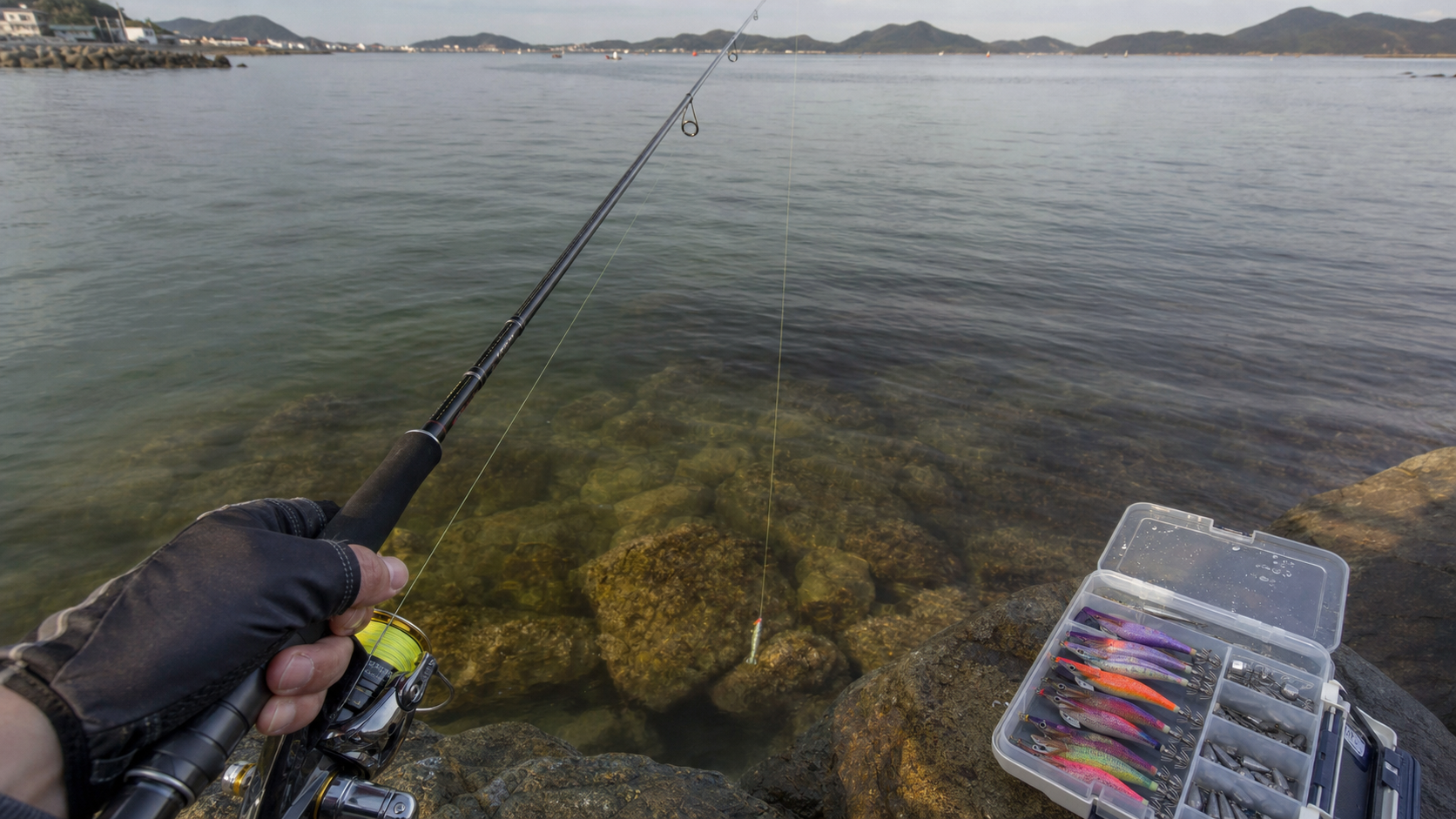 (Documentary style photo of an angler hand holding a rod over shallow rocky bottom, line angle visible in slightly stained seawater, tackle box open with organized egis and sinkers, late afternoon natural light, realistic coastal atmosphere, 35mm lens --ar 16:9) 라인 각도와 바닥층 운용을 설명하는 현장형 이미지. 단순 제품 컷보다 실전 분위기를 살리는 용도입니다.