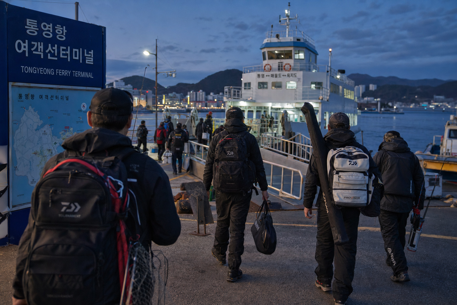 cinematic documentary photo of anglers arriving at Tongyeong ferry terminal before dawn, compact eging rods and backpacks, cool blue harbor light, realistic Korean coastal travel mood, clean composition, natural shadows, ultra detailed