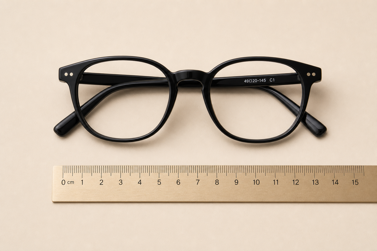 Minimal product flat lay of eyeglasses with visible size markings on temple, measuring ruler, neutral beige background, commercial editorial lighting