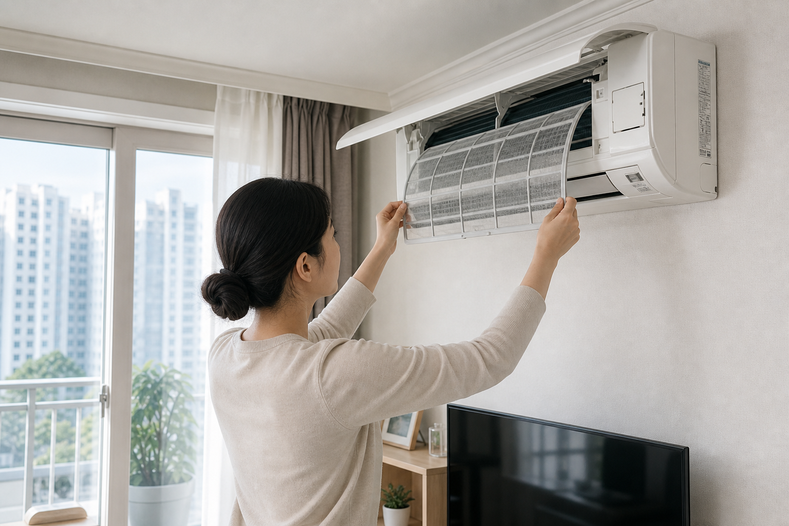 A bright Korean apartment living room with a wall-mounted air conditioner, a user carefully removing the dust filter with both hands, clean daylight, realistic home appliance maintenance scene, soft neutral tones, documentary style