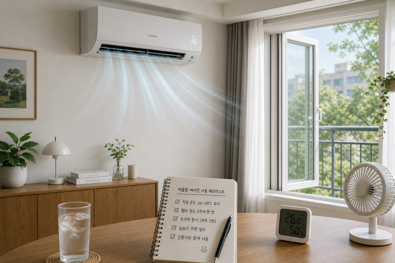 Clean Korean home interior with a wall-mounted air conditioner running in summer, subtle airflow visualization, open window for ventilation, a tidy checklist notebook on the table, realistic daylight, calm practical lifestyle photo