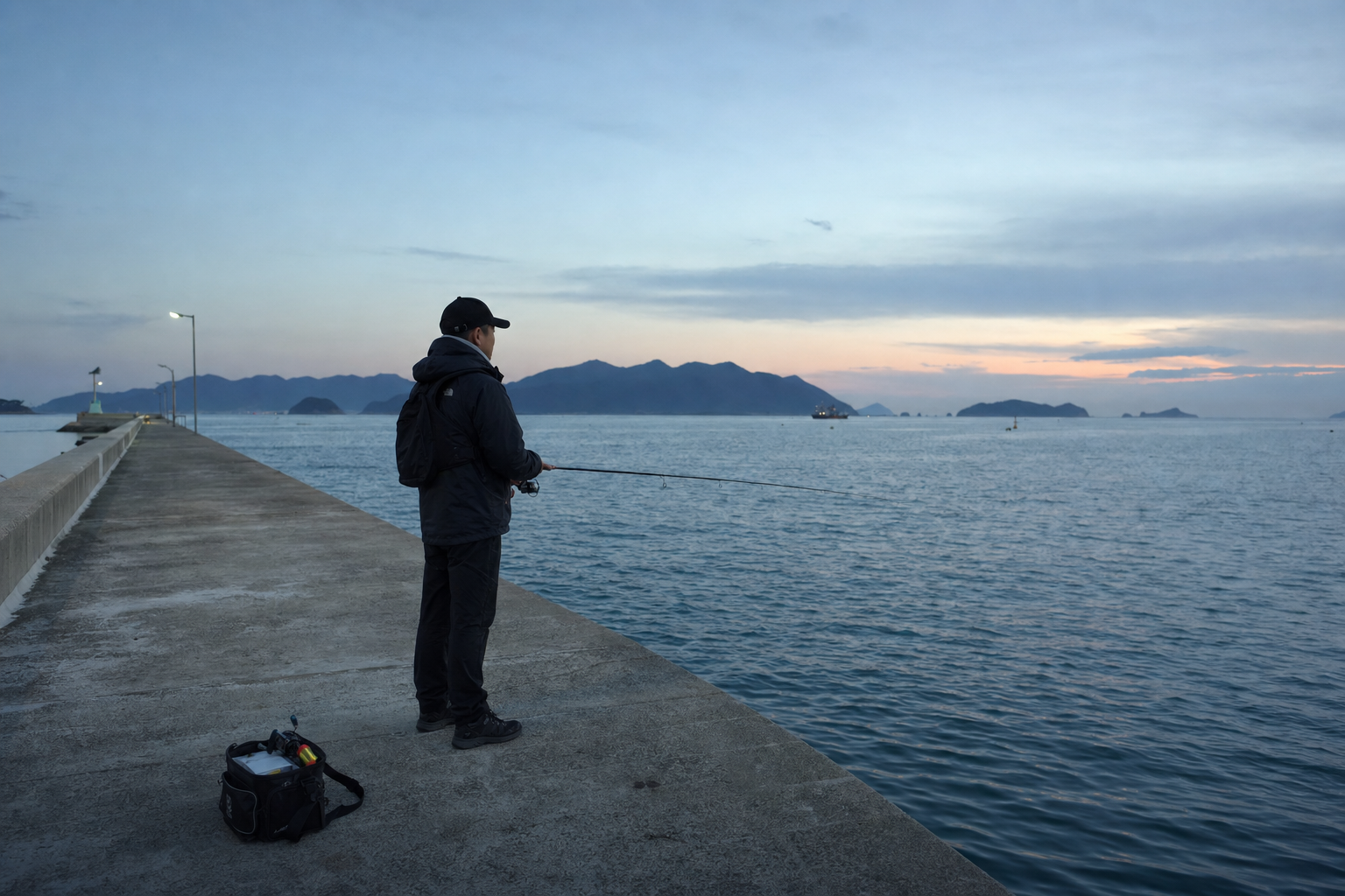 Dawn squid eging scene at a long Korean breakwater in Geoje, calm early autumn sea, one angler casting toward the outer harbor, clean concrete walkway, portable tackle bag, soft blue sunrise light, realistic coastal documentary style