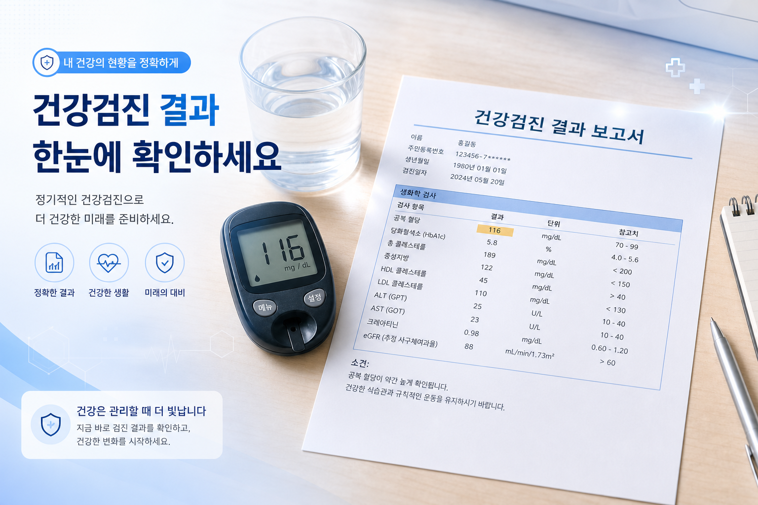 대한당뇨병학회 FAQ는 비만한 공복혈당장애 및 내당능장애 성인에서 주 150분 이상 운동과 7% 체중 감소 목표를 2.8년 유지했을 때 당뇨병 발생을 58% 예방했다고 설명합니다. CDC 역시 적은 체중 감량, 식사 개선, 활동량 증가가 당뇨병 진행을 예방하거나 지연시키는 검증된 방법이라고 안내합니다. 이를 요약하여 그래픽으로 타이틀을 추가하고 히어로 이미지로 생성