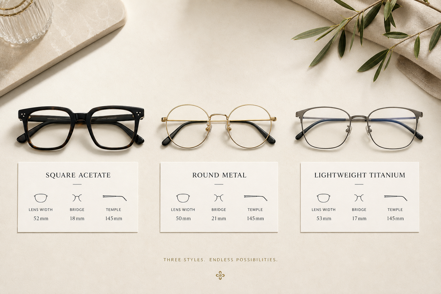 premium flat lay comparison of three eyewear styles square acetate frame, round metal frame, lightweight titanium frame, each labeled with lens width bridge temple measurements on minimal cards, crisp overhead studio lighting, elegant neutral background