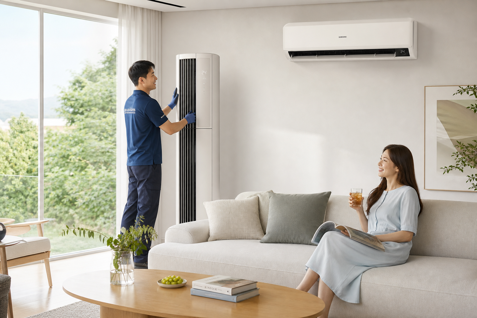 Bright Korean living room with both a wall-mounted air conditioner and a floor-standing air conditioner visible in one clean frame, summer maintenance mood, premium lifestyle editorial photography