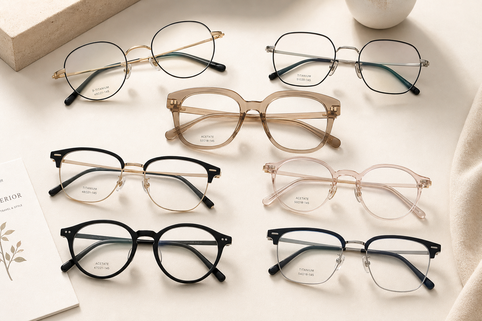 Clean editorial flat lay of seven Korean eyewear frames on a warm neutral surface, mix of round, square, oversized, and half-rim titanium glasses, soft daylight, premium e-commerce styling, high detail