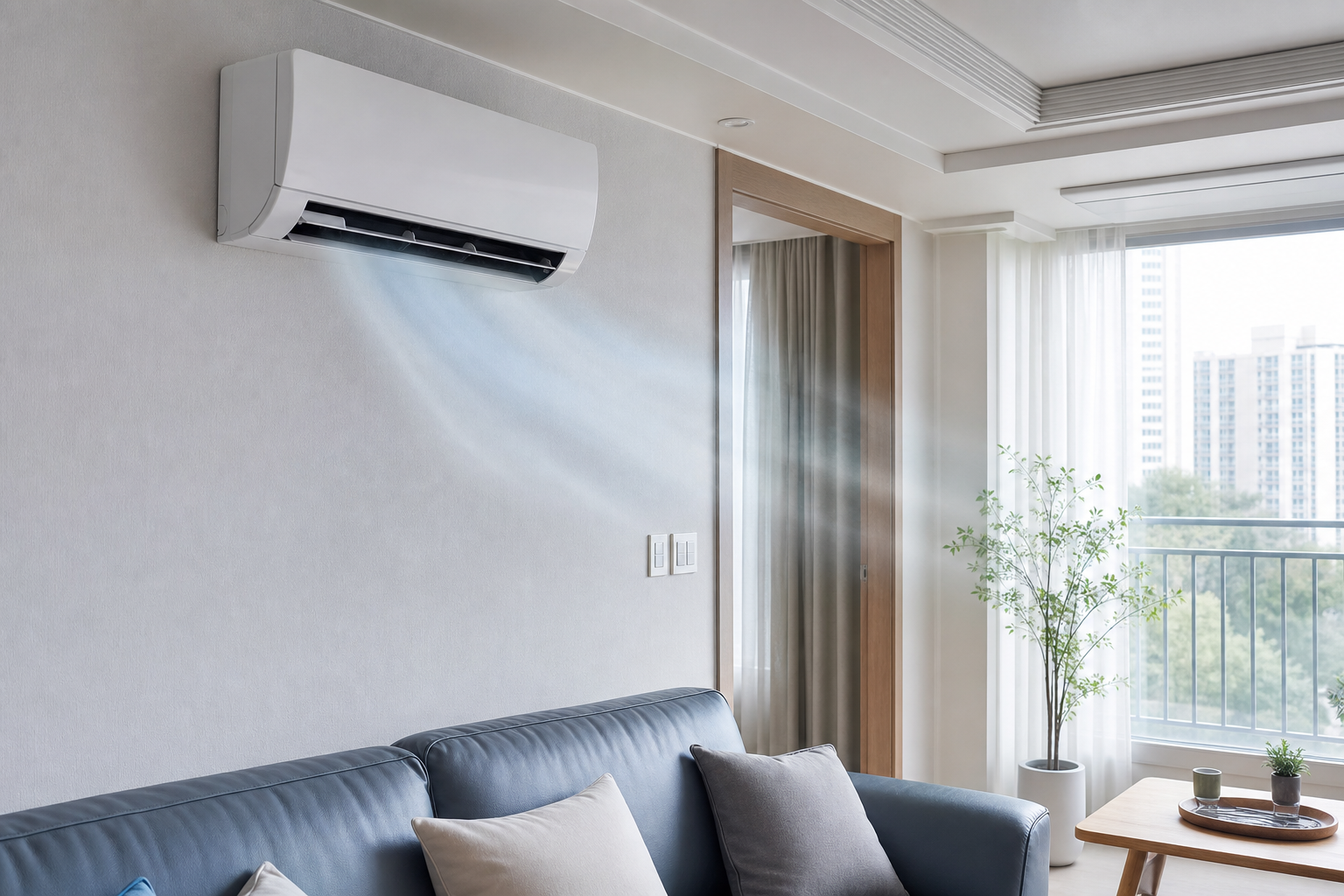 Korean apartment living room with wall-mounted air conditioner running in cooling mode, subtle airflow visualization, clean daylight, realistic appliance troubleshooting editorial photo