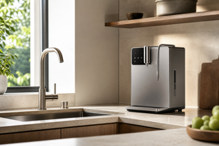 Premium Korean kitchen counter with a compact alkaline water ionizer installed beside a sink, clean daylight, stainless accents, minimal luxury home appliance styling, realistic product photography, 50mm lens, crisp reflections, editorial quality