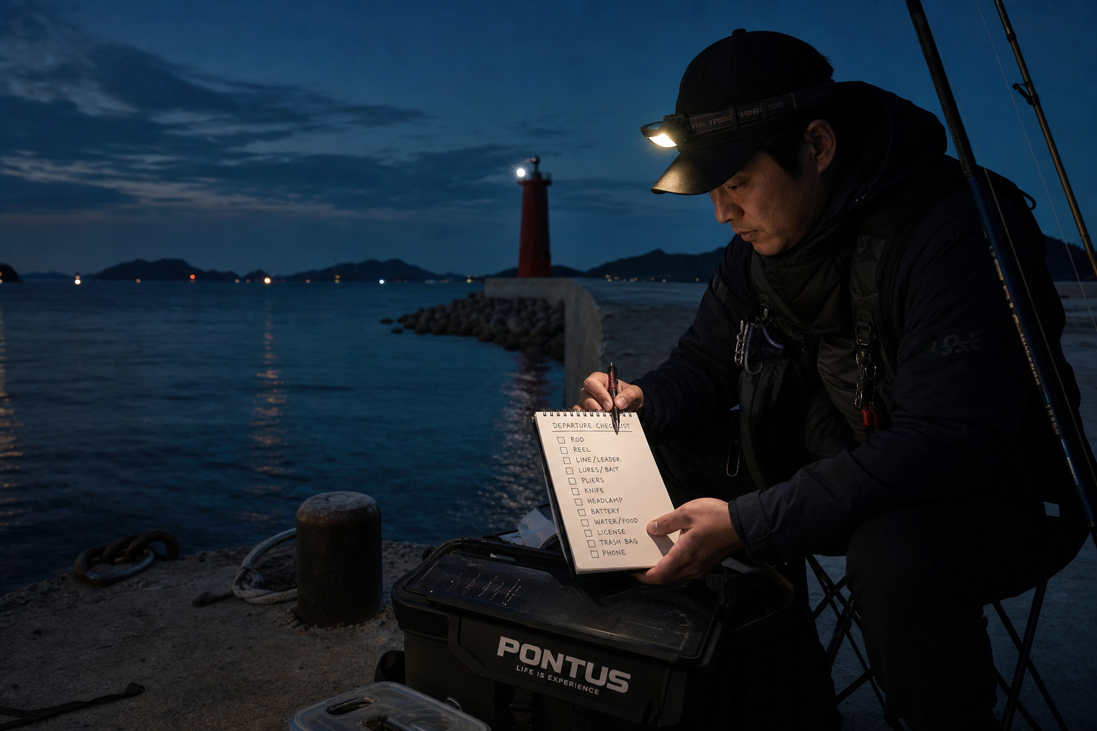 cinematic coastal night scene on a Tongyeong island breakwater, angler checking a simple departure checklist under headlamp light, calm but realistic sea texture, practical travel documentary tone