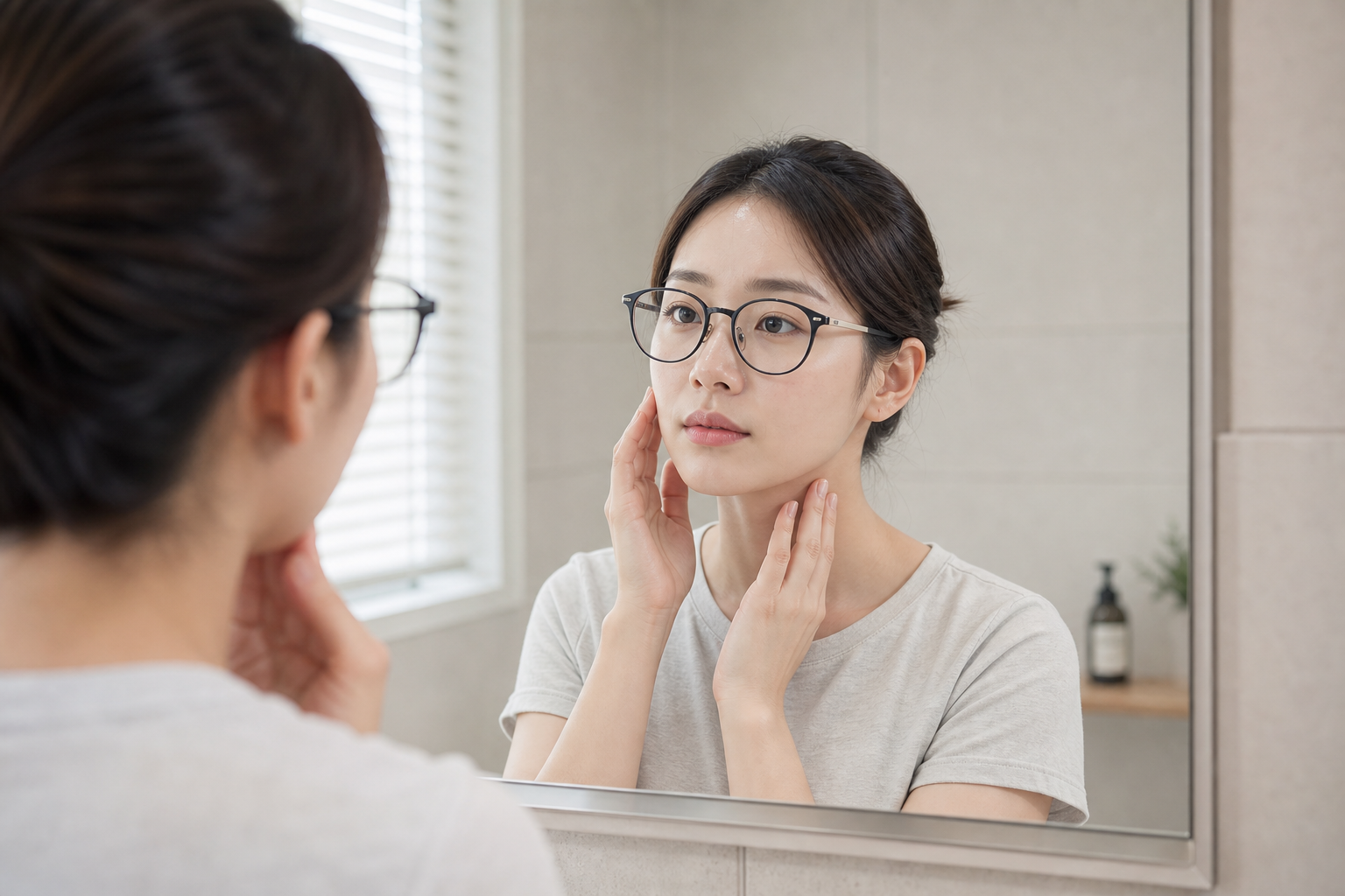 Clean editorial mirror scene, Korean adult comparing face shape with hair tied back, soft daylight, neutral bathroom background, realistic eyeglass styling reference