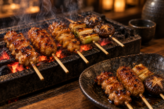 Close-up food photography of assorted yakitori skewers over charcoal, glossy tare sauce, ceramic plate, warm izakaya lighting, shallow depth of field