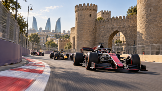 Wide realistic editorial photo of Formula 1 cars racing through Baku City Circuit near the old city walls, afternoon sunlight, sharp street circuit details, no logos, Korean motorsport blog hero image