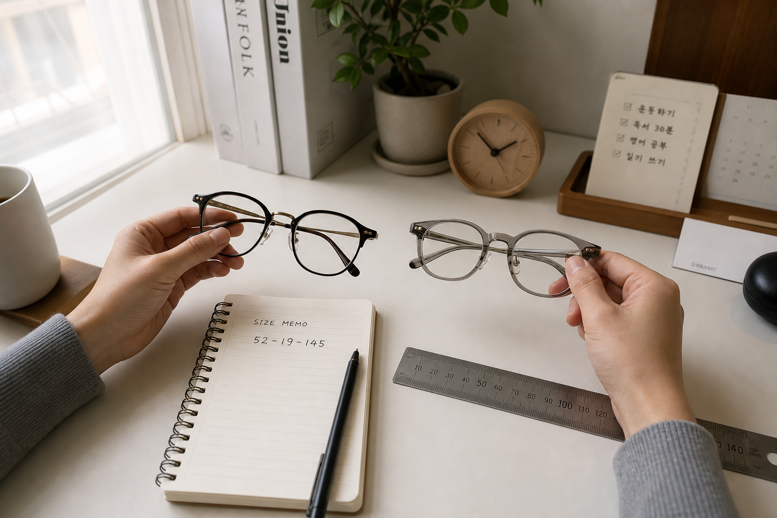 lifestyle desk scene with a person comparing two eyeglass frames, ruler in millimeters, notebook with size memo 52-19-145, soft daylight from side window, clean Korean home office mood, realistic hands only no face