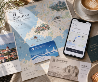 Realistic Qingdao travel map scene with subway card, taxi app on smartphone, museum ticket voucher, daylight cafe table, editorial composition, soft shadows