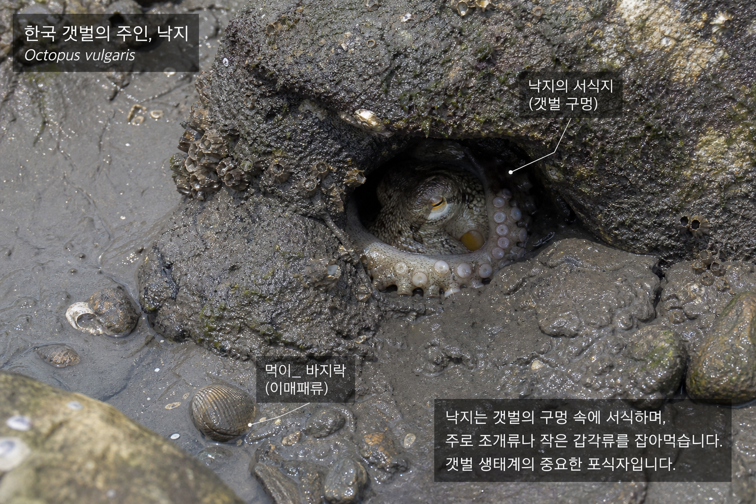 Close-up of an octopus habitat on a Korean mudflat at low tide, natural daylight, documentary style, realistic texture, no people, educational composition