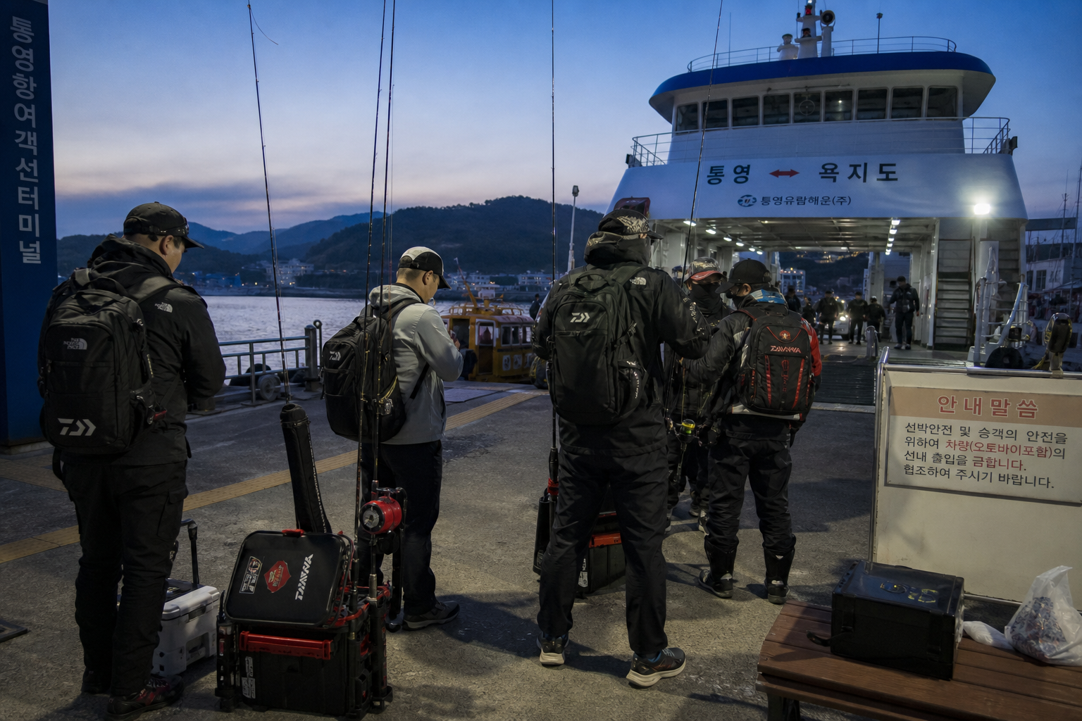 documentary style photo of anglers preparing for a two-day squid fishing trip at Tongyeong ferry terminal before sunrise, compact backpacks, eging rods, tackle boxes, realistic Korean harbor atmosphere, crisp blue dawn light