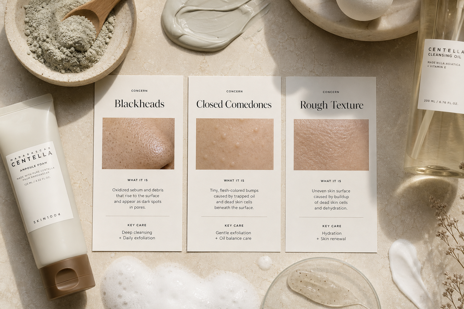premium editorial skincare chart on a vanity, three labeled texture cards for blackheads closed comedones rough texture, soft shadow, clean beige stone background, macro ingredient props like clay powder and foam, modern Korean beauty magazine style