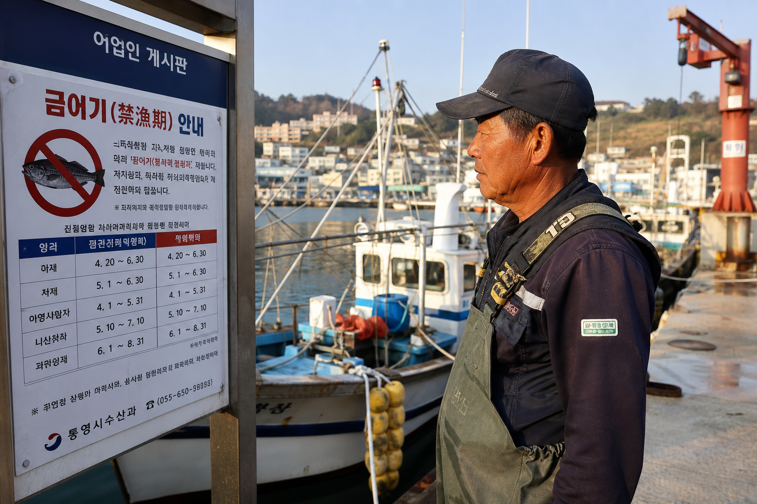 Korean fisherman checking a printed closed-season notice at a harbor before departure, realistic documentary photography, bright morning light, informative mood