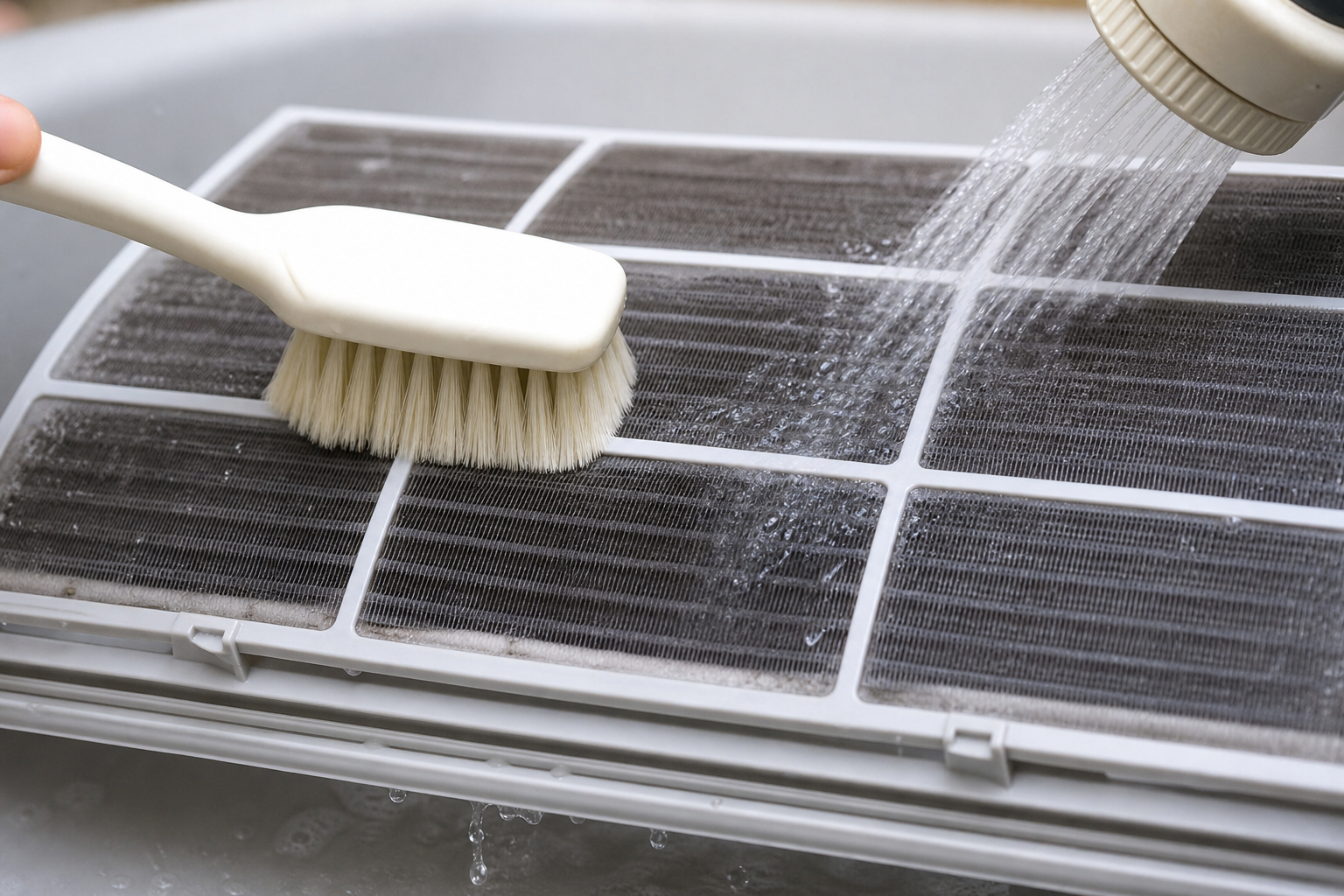 Close-up macro shot of an air-conditioner filter being cleaned with a soft brush and lukewarm water, crisp texture detail, no excessive splash, controlled studio lighting, realistic maintenance tutorial photography