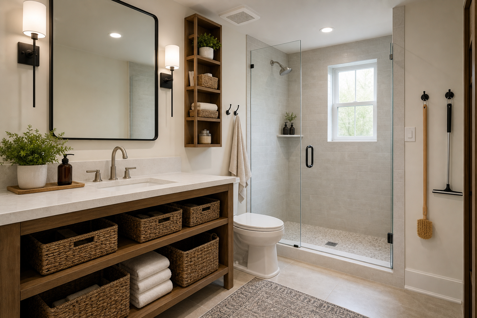 Well-organized family bathroom with vertical wall shelf, corner shelf in shower zone, grouped baskets under sink, cleaning brush and squeegee hanging neatly, neutral color palette, realistic moisture control, soft overhead and window-balanced lighting