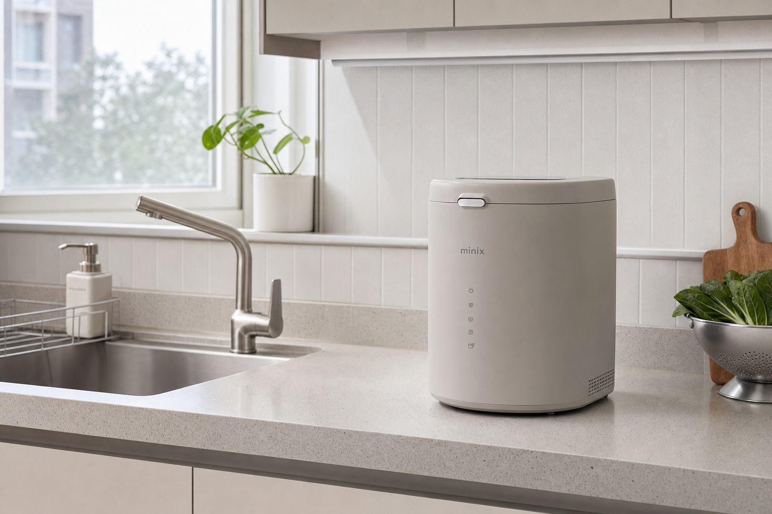 Premium compact food waste processor on a narrow Korean apartment counter, matte greige body, soft daylight from side window, clean sink area, realistic stainless and plastic reflections, 50mm product photography, high detail, minimal lifestyle styling | 좁은 주방 상판에 놓인 미닉스 mini의 공간 효율을 보여주는 컷. 본체 크기 대비 여유 공간이 느껴지도록 촬영하는 장면.