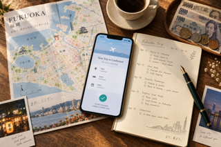Flat lay travel planning scene with smartphone reservation screen, Fukuoka map, handwritten itinerary, Japanese yen cash, warm cafe lighting, realistic editorial style