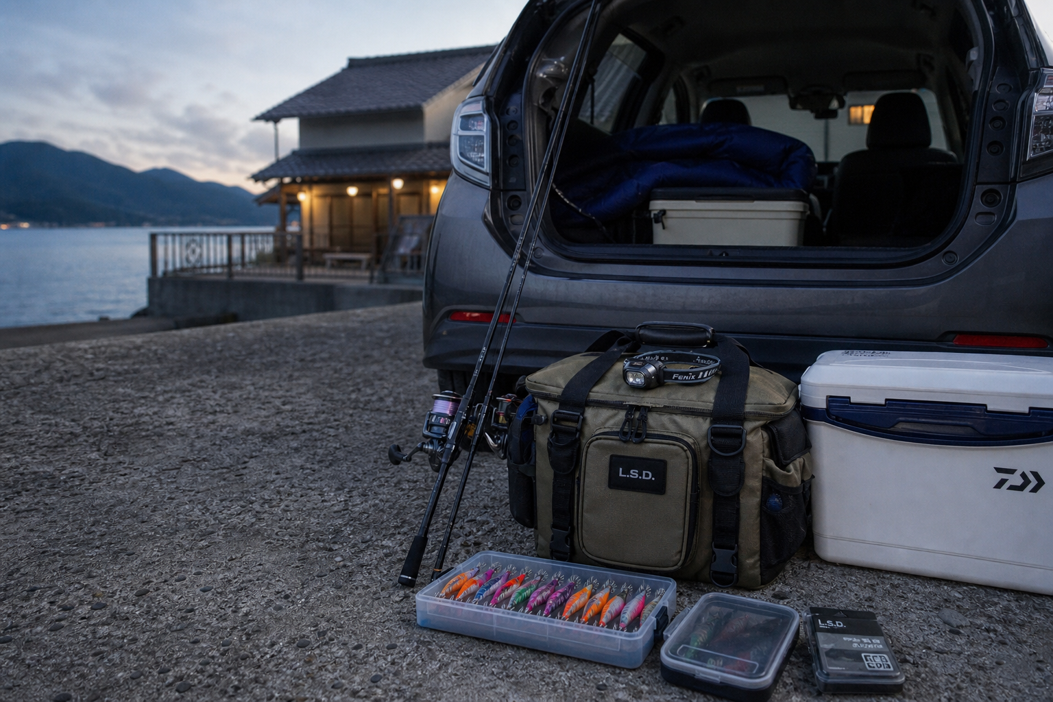 simple 1 night 2 day squid fishing road trip layout, car parked near seaside lodging, tackle bag, cooler, headlamp and squid jigs neatly arranged, realistic lifestyle travel photo
