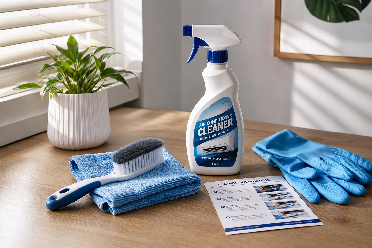 Editorial still life of air-conditioner cleaning tools on a neat table, spray cleaner, microfiber cloth, soft brush, gloves, instruction sheet, bright natural side light, premium catalog quality, realistic reflections