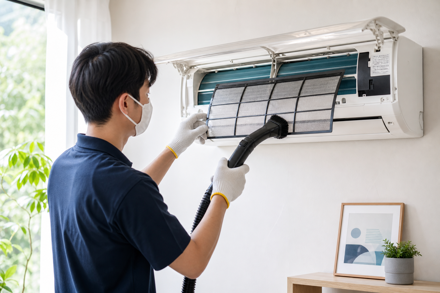 Bright Korean home interior with a wall-mounted air conditioner opened for filter cleaning, soft natural daylight, clean microfiber cloth, vacuum brush, safety-first composition, realistic appliance maintenance photography, premium lifestyle editorial style