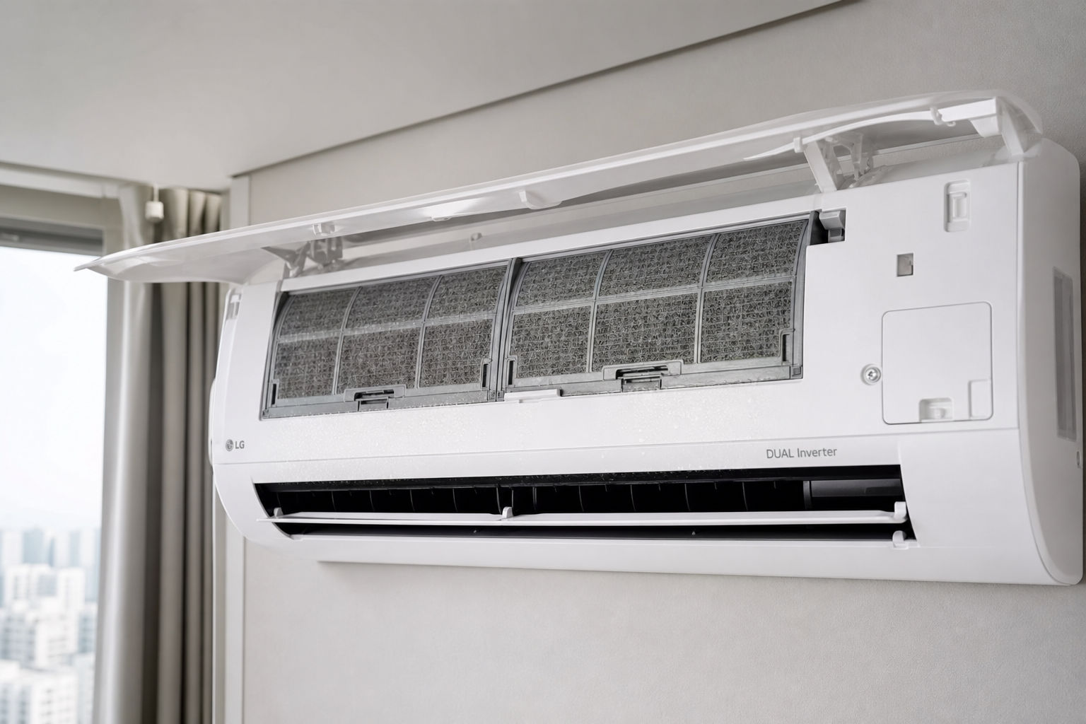 Clean premium product photograph of a white wall-mounted air conditioner with the front cover opened, visible dust filter and soft condensation hints, neutral daylight, realistic Korean apartment interior, 50mm lens look, crisp textures, no people