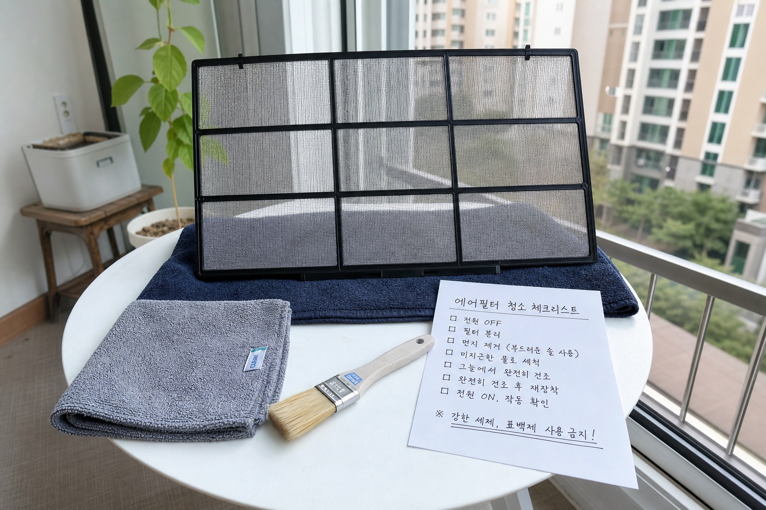 Detailed maintenance checklist scene with cleaned filter drying in shade, microfiber cloth, gentle brush, and a note showing do not use strong chemicals, realistic Korean home context