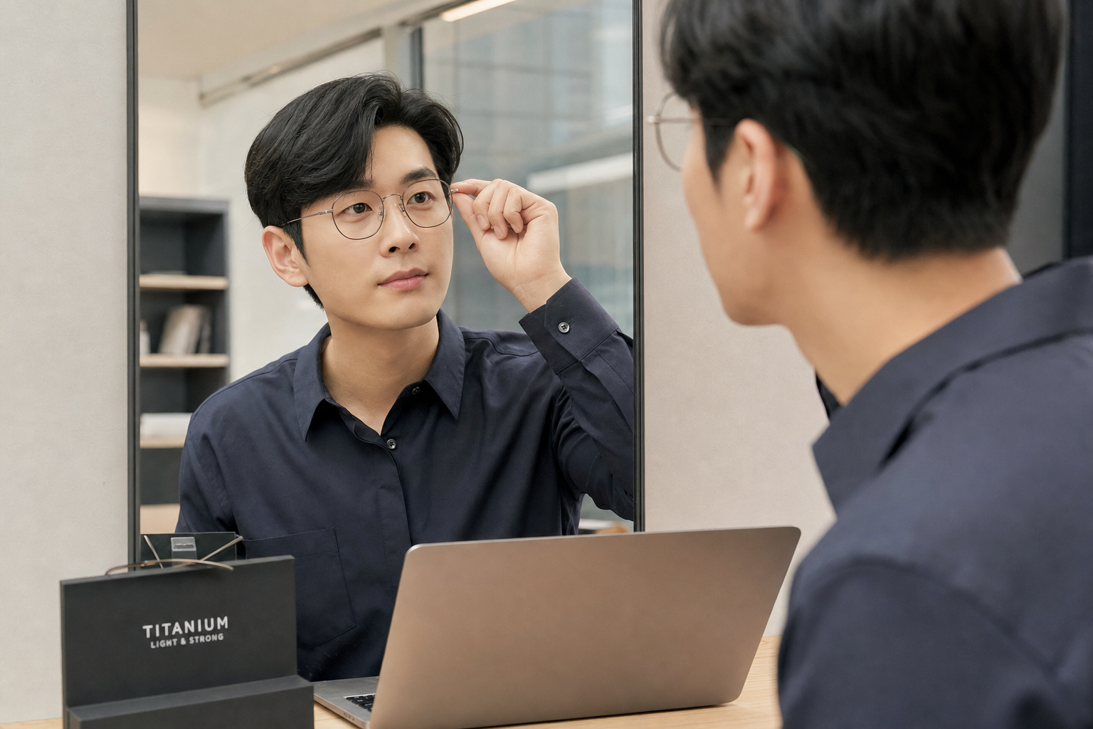 Korean office worker trying on lightweight titanium glasses in front of a mirror, natural skin tone, soft indoor light, minimal desk with laptop, premium lifestyle photography