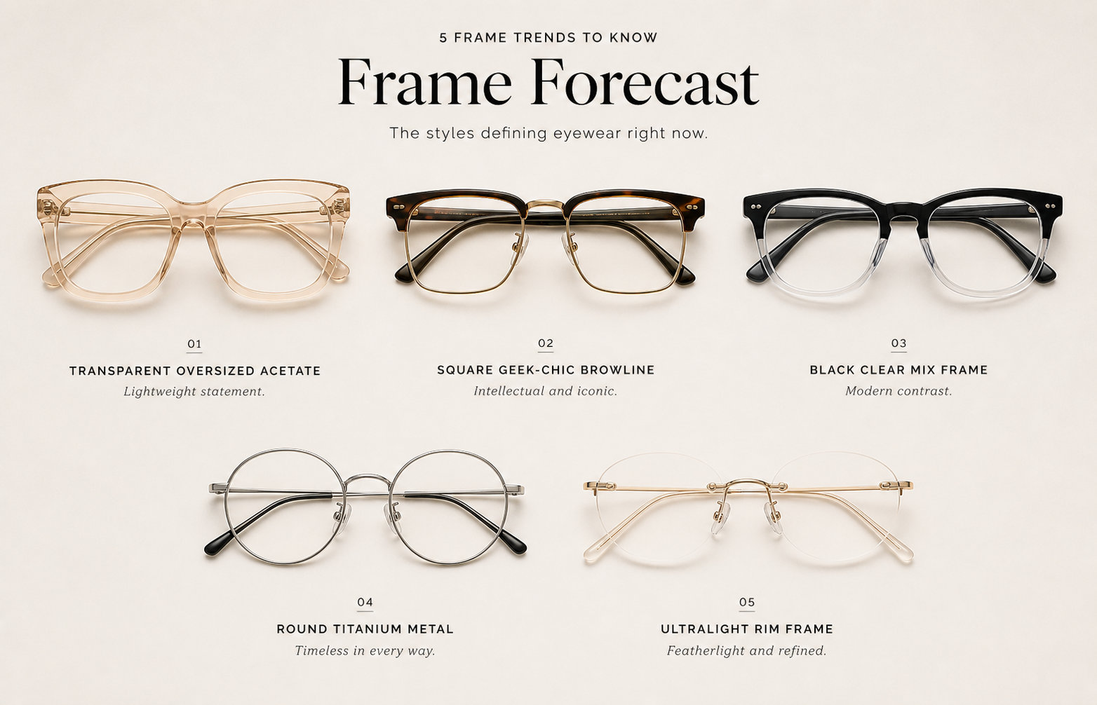 clean editorial flat lay of five eyewear frame trends including transparent oversized acetate, square geek-chic browline, black clear mix frame, round titanium metal, ultralight rim frame on soft neutral background, premium e-commerce lighting