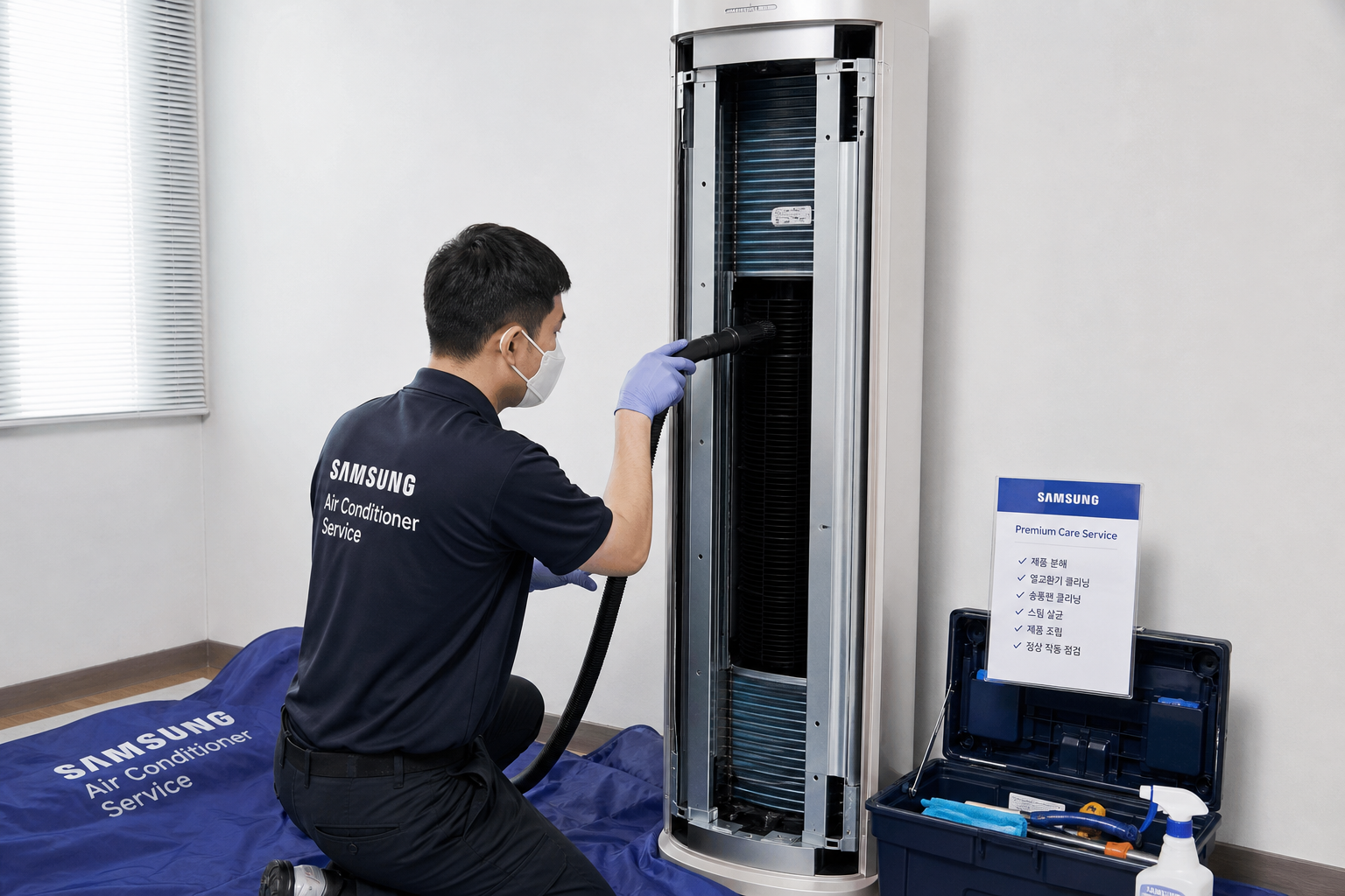 Professional technician carefully cleaning the inner coil and fan of a premium standing air conditioner, controlled service environment, neutral white lighting, visible protective covers and tools, realistic service-documentary style