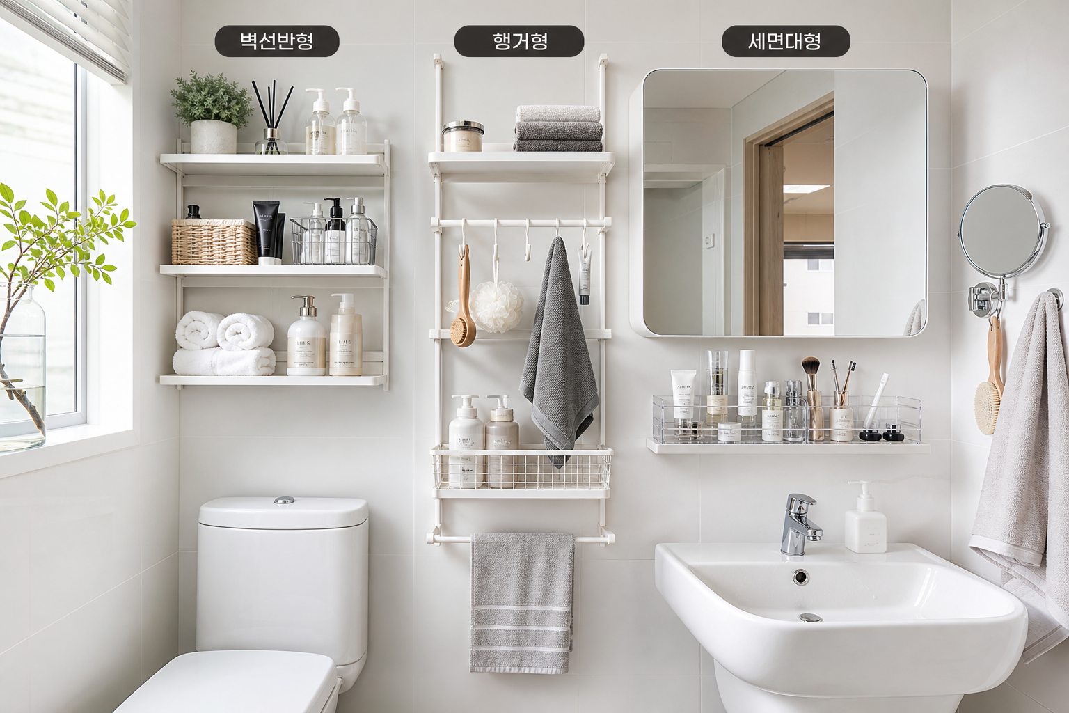 bright Korean apartment bathroom with three clearly separated storage zones, wall shelf type, hanging rack type, and sink organizer type displayed side by side, clean white tile, soft daylight, realistic product styling, 35mm lens, crisp reflections, editorial home organization photography