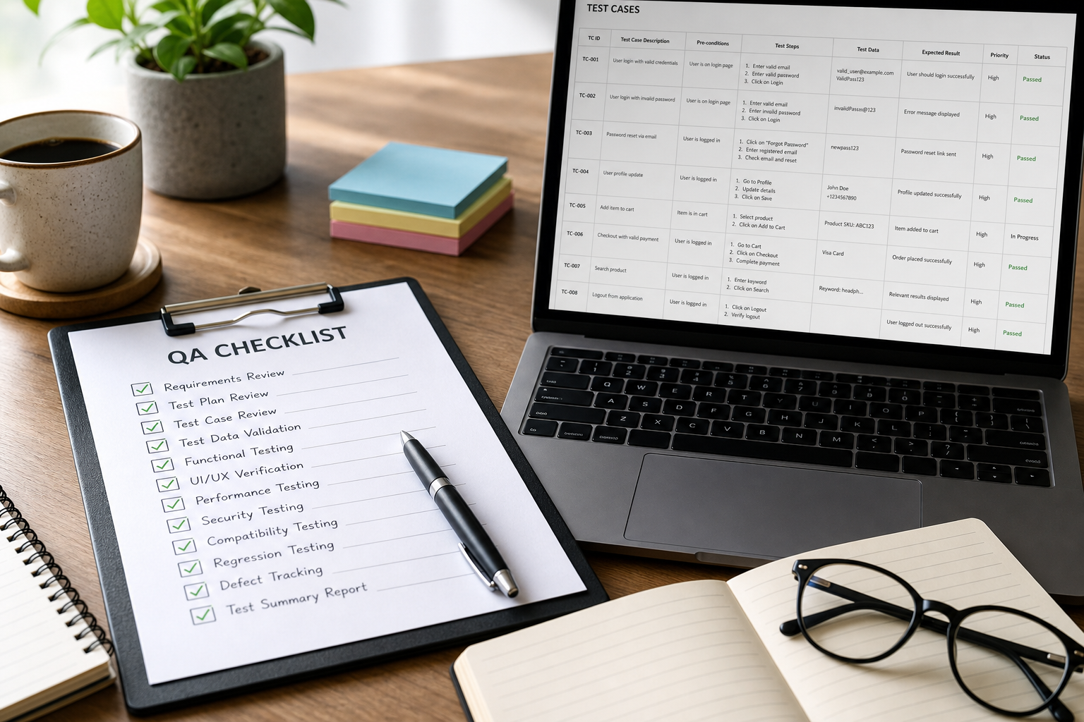 Close-up desk scene with QA checklist, laptop test case sheet, neat stationery, calm daylight, premium productivity mood, no logos