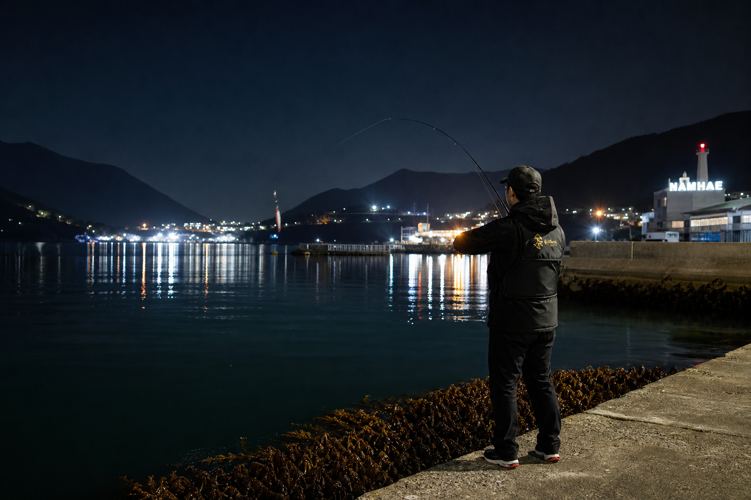 Korean night eging scene in Namhae, harbor lights reflecting on calm water, angler casting squid jig near seaweed-lined breakwater, realistic premium travel-fishing photography