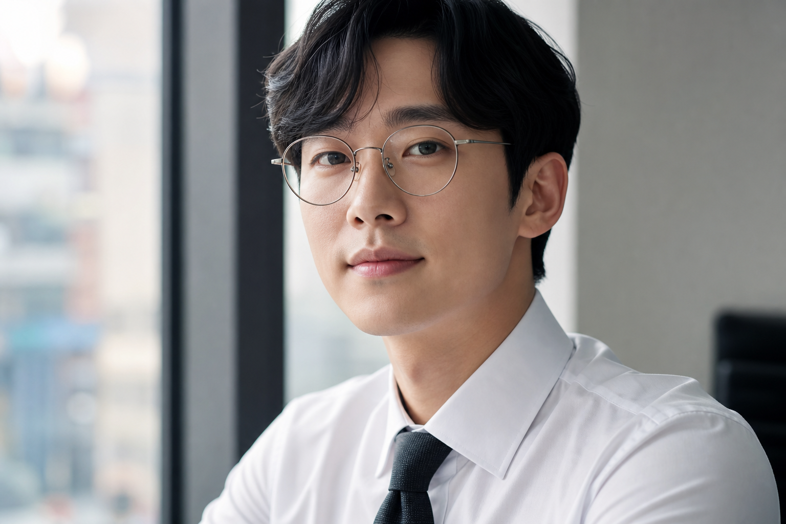 Premium close-up portrait of a Korean office worker wearing round metal eyeglasses, soft window light, subtle gold or silver frame, calm professional mood, shallow depth of field