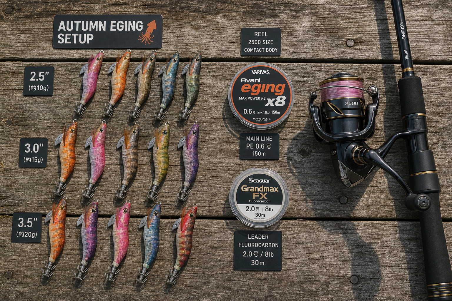 Top-down product-style layout of autumn eging gear on a dry dock surface, multiple squid jigs in 2.5, 3.0, 3.5 sizes, compact 2500 spinning reel, braided line spool, fluorocarbon leader, clean labels, crisp side lighting, realistic texture detail