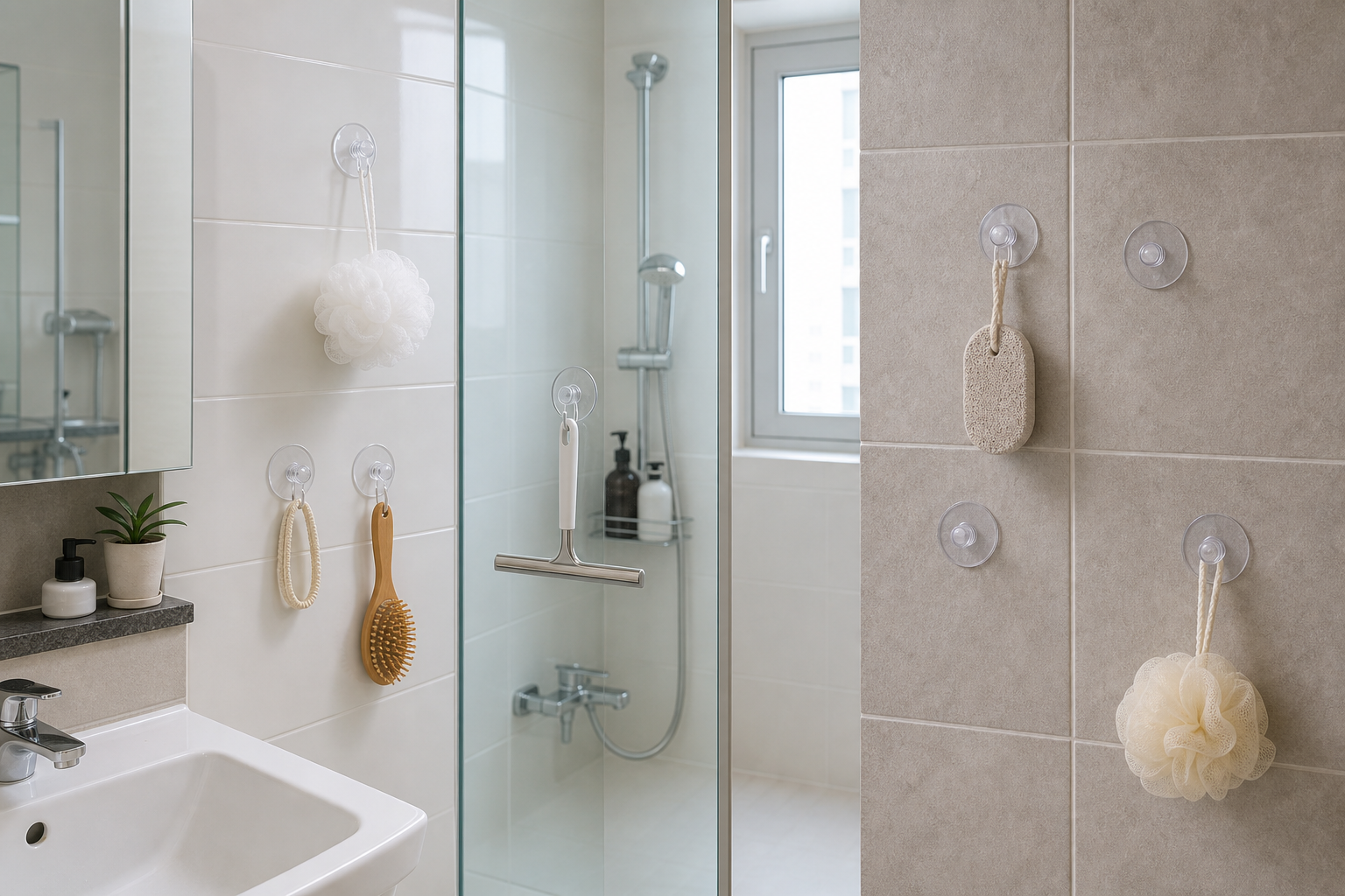 A bright Korean apartment bathroom with glossy wall tiles, glass partition, matte tile section, and grout lines clearly visible, showing where suction hooks work well and where they fail, practical shopping-guide composition, realistic daylight, editorial home-organizing photo 스타일