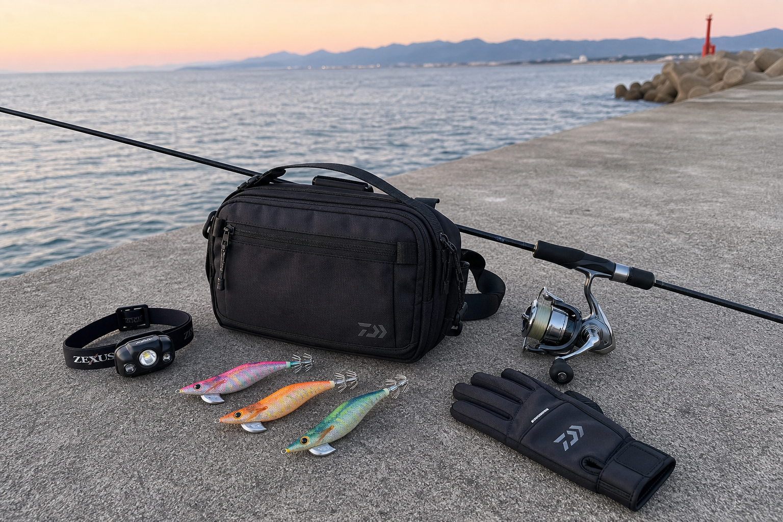 Minimal squid eging setup laid out on a clean breakwater surface, lightweight rod and reel, three egi lures, compact sling bag, headlamp, fishing glove, early evening coastal light, realistic product-documentary hybrid style