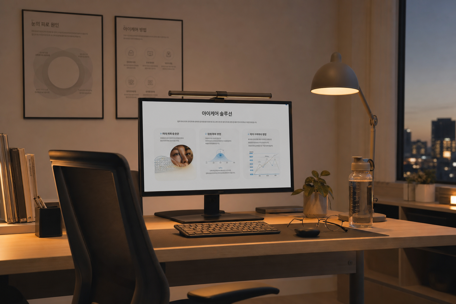 ergonomic workstation with monitor slightly below eye level, warm evening lighting, glasses on desk, hydration and eye comfort concept, realistic Korean office mood