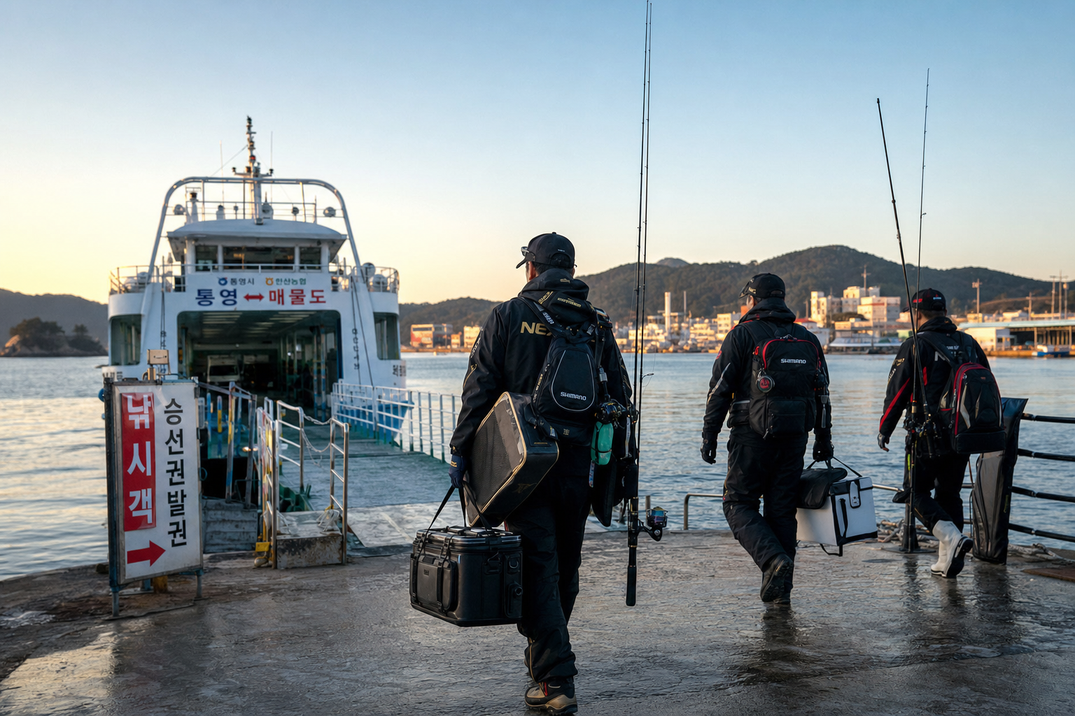 Premium editorial photo of a two-day squid fishing trip in Tongyeong islands, anglers carrying compact eging gear at dawn near a ferry terminal, calm blue harbor, realistic Korean travel mood, high detail documentary style
