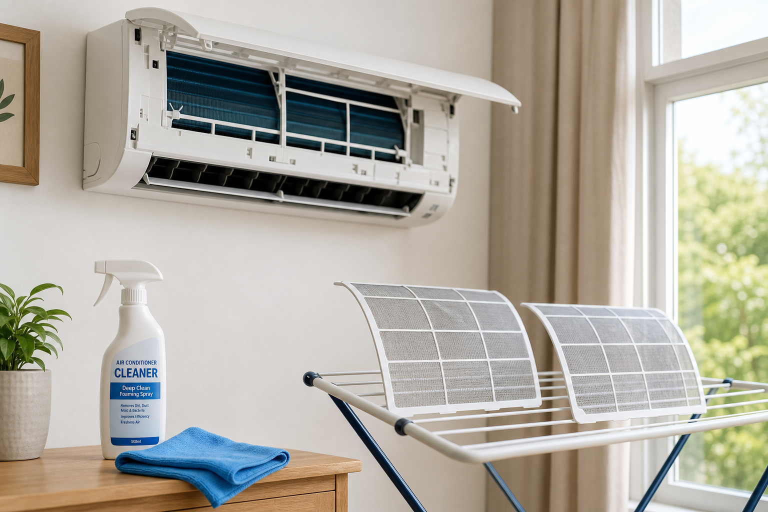 A wall-mounted home air conditioner with the front cover open, removable filters drying in shade near a window, cleaning spray and microfiber cloth nearby, bright practical home scene, 4k