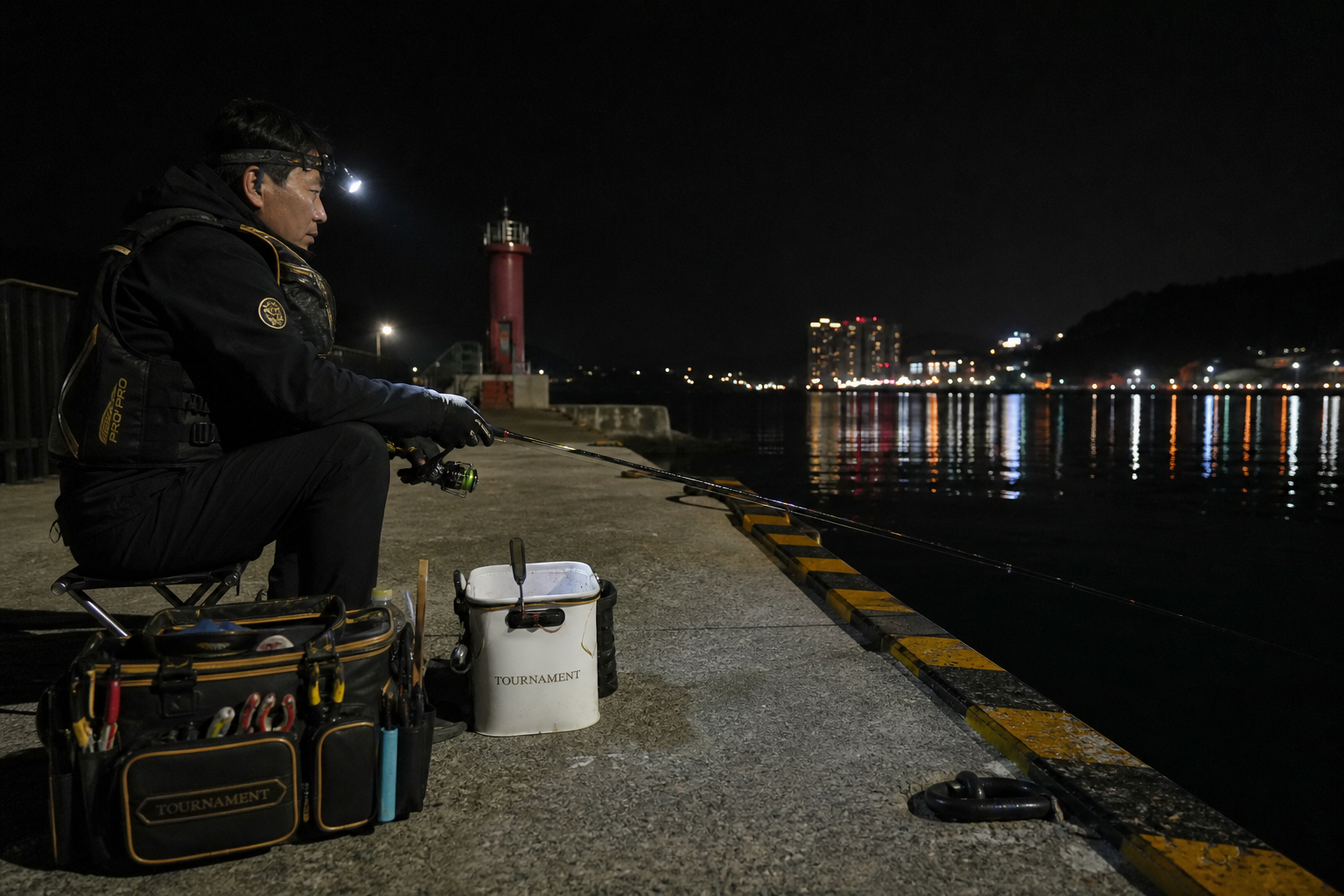 Night harbor breakwater scene in Tongyeong with angler wearing life jacket and headlamp, non-slip shoes visible, organized tackle pouch, calm reflective water, practical safety-focused composition, realistic low-light photography