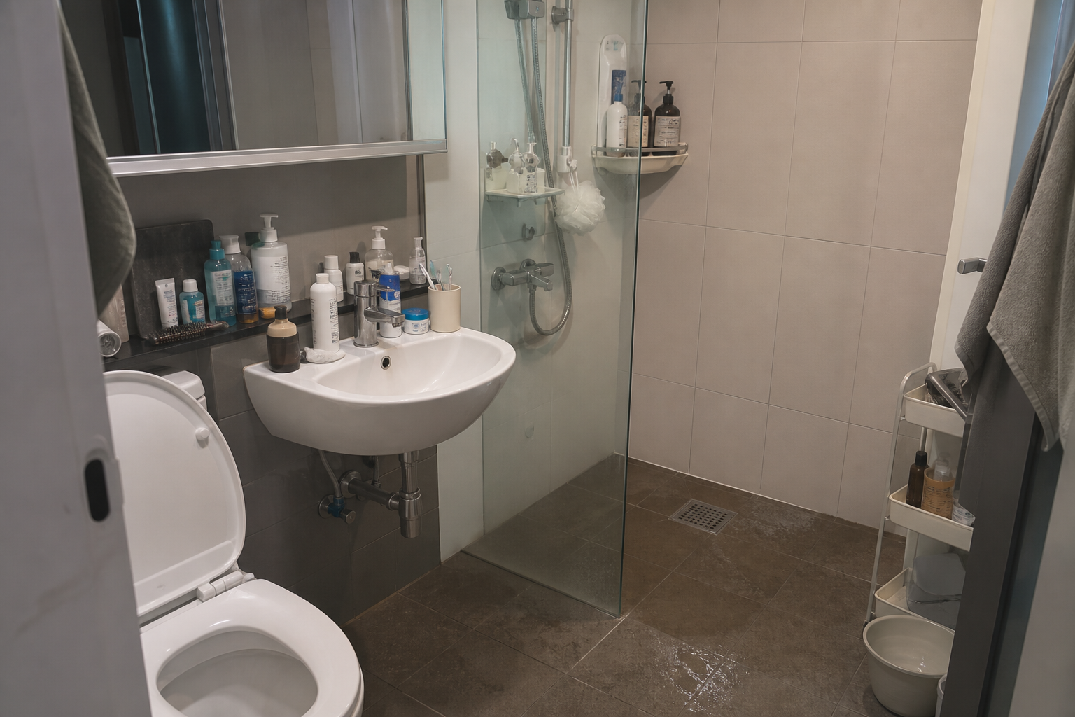compact studio apartment bathroom with toiletries crowding the sink, damp floor, hanging towel, realistic Korean one-room lifestyle mood, clean editorial photography, before-organizing scene
