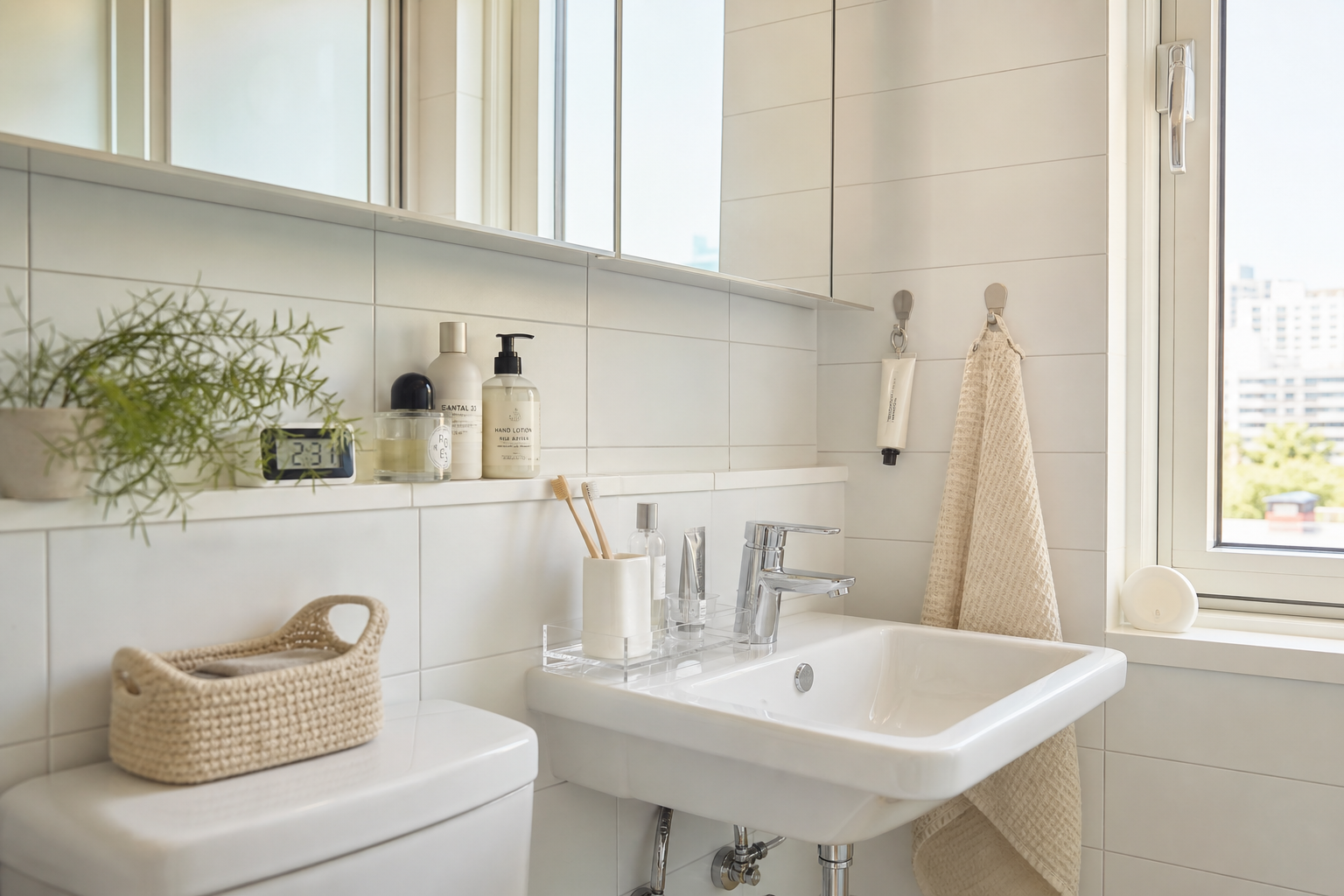 Bright compact Korean apartment bathroom, white tile walls, neatly organized sink zone with clear acrylic tray, toothbrush cup, wall hooks, soft daylight from side window, realistic product styling, 35mm lens, clean reflections, editorial home magazine look