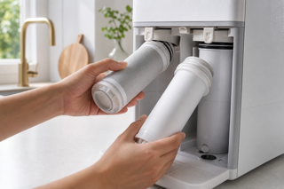 Close-up product shot of an alkaline water ionizer filter replacement process on a bright kitchen counter, clean hands changing the cartridge, instructional but premium mood, realistic lighting, macro detail, Korean home appliance editorial style